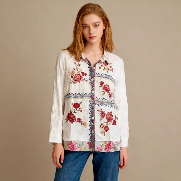 Coldwater Creek Tops - NWOT Coldwater Creek Floral Artful Embroidery Gauze Blouse Shirt Size 1X
